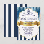 Gold Ribbon Blue Stripes Waves Anchor BABY SHOWER Kaart (Voorkant / Achterkant)