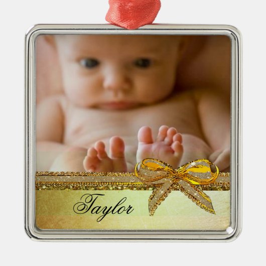 Gold Ribbon & Bow Baby Photo Ornament Keepsakes (Voorkant)