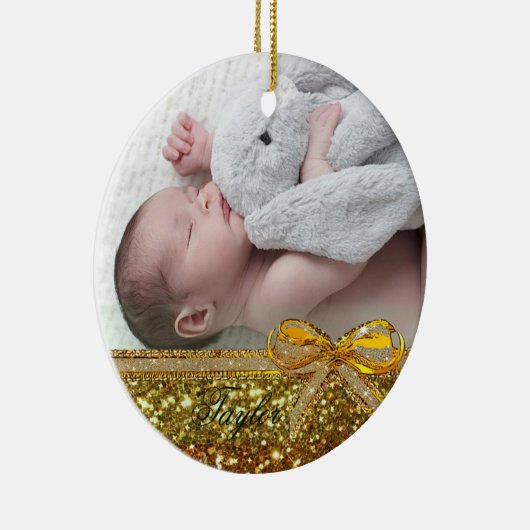 Gold Ribbon & Bow Baby Photo Ornament Keepslag (Rechts)