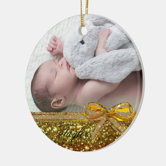 Gold Ribbon & Bow Baby Photo Ornament Keepslag (Links)