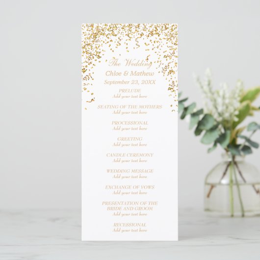 Gold Ribbon Confetti Wedding Programma Programmakaart (Staand voorkant)