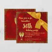 Gold Ribbon en Red Velvet 50th Birthday Kaart (Voorkant / Achterkant)