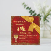 Gold Ribbon en Red Velvet 50th Birthday Kaart (Staand voorkant)