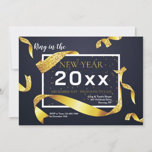 Gold Ribbon New Year Party Invitation Kaart (Voorkant)