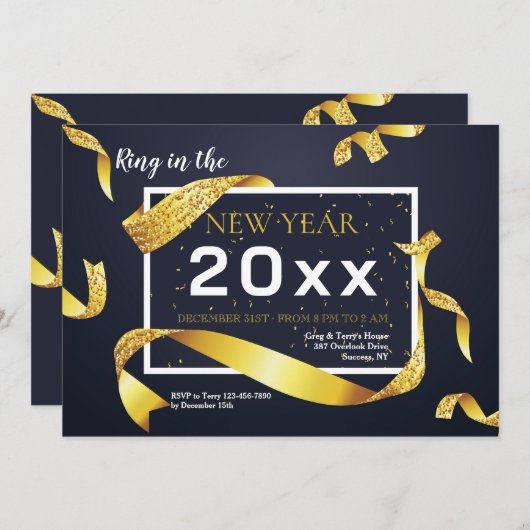 Gold Ribbon New Year Party Invitation Kaart (Voorkant / Achterkant)