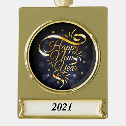 Gold Ribbon nieuwjaar Verguld Banner Ornament (Voorkant)
