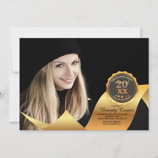 Gold Ribbon Photo Afstuderen Invitation Kaart (Voorkant)