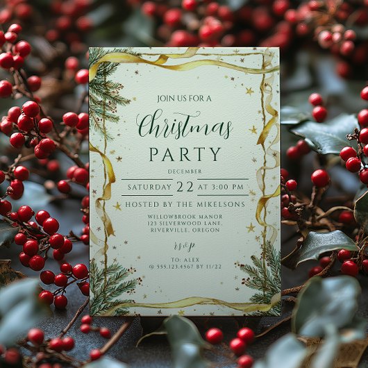 Gold Ribbon Rustic Christmas Party Kaart
