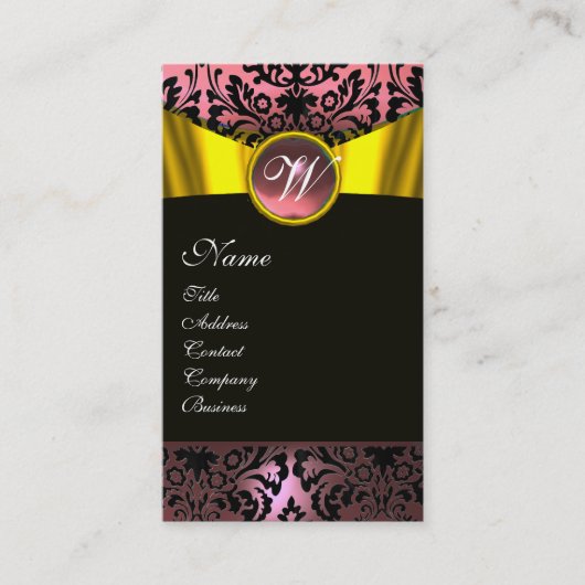GOLD RIBBON YELLOW BLACK PINK DAMASK MONOGRAM VISITEKAARTJE (Voorkant)