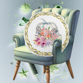 Gold Rim White Pumpkin Herfst Floral Waterverf Rond Kussen