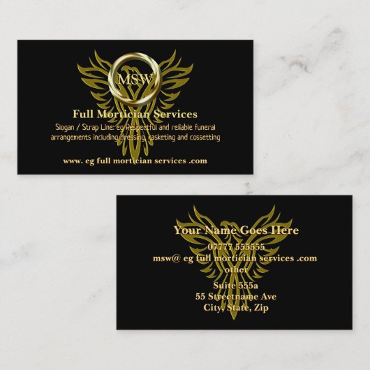 Gold Ring, Rising Phoenix, Mortician Service Visitekaartje (Voorkant / Achterkant)