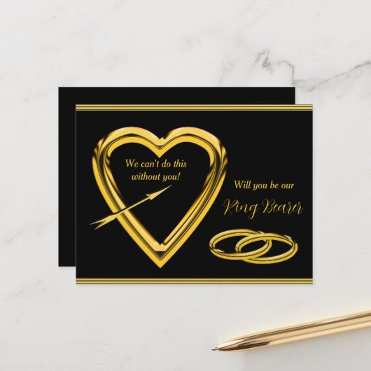 Gold Rings- en Gold Heart Ring Bearer Invitation Aankondigingskaart (Voorkant / Achterkant in situ)