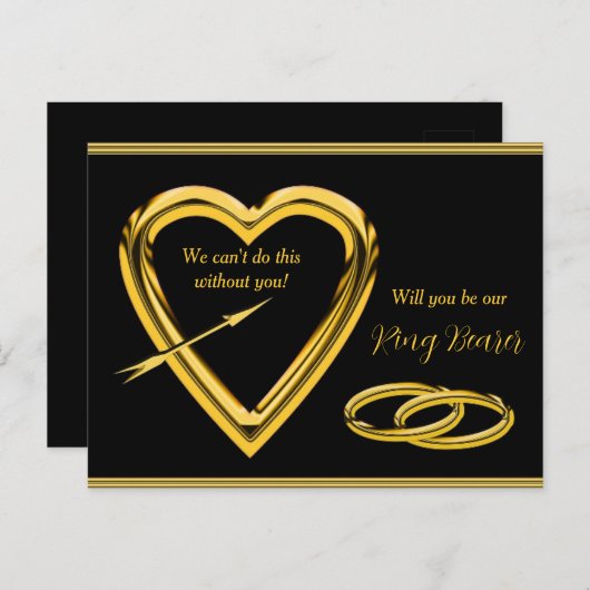 Gold Rings- en Gold Heart Ring Bearer Invitation Aankondigingskaart (Voorkant / Achterkant)