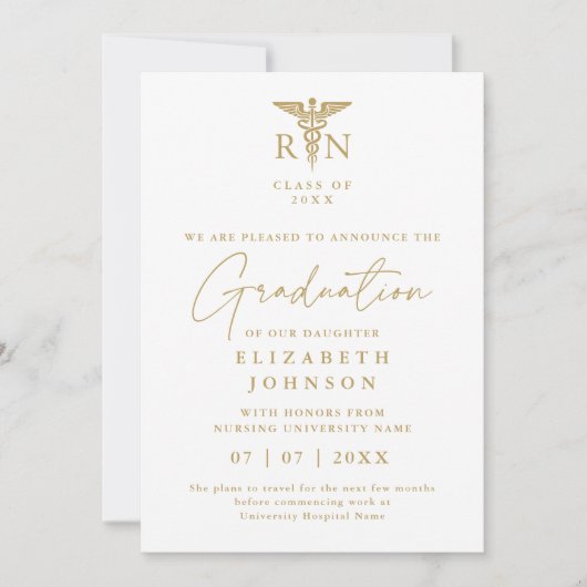 Gold RN Nursing Afstuderen Fotoaankondiging Kaart (Voorkant)
