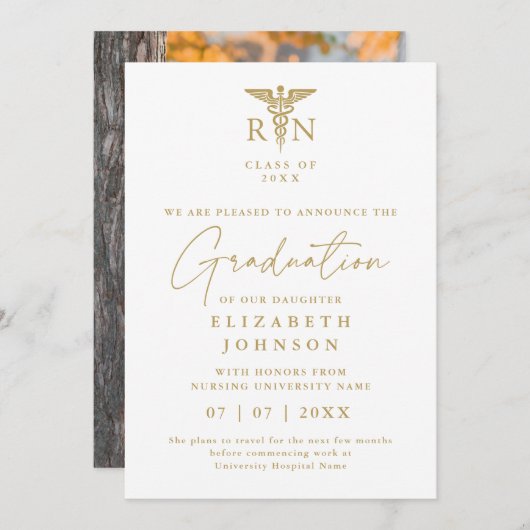Gold RN Nursing Afstuderen Fotoaankondiging Kaart (Voorkant / Achterkant)