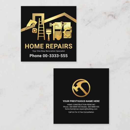Gold Rooftop Lijst Golden Handyman Tools Vierkante Visitekaartje (Voorkant / Achterkant)