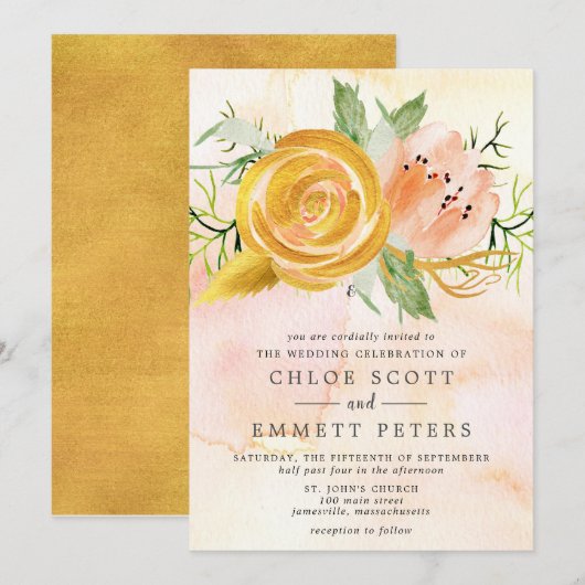 Gold Roos Blush Pink Peony Floral Wedding Kaart (Voorkant / Achterkant)