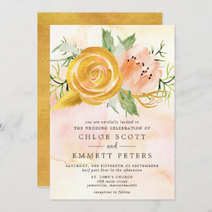 Gold Roos Blush Pink Peony Floral Wedding Kaart
