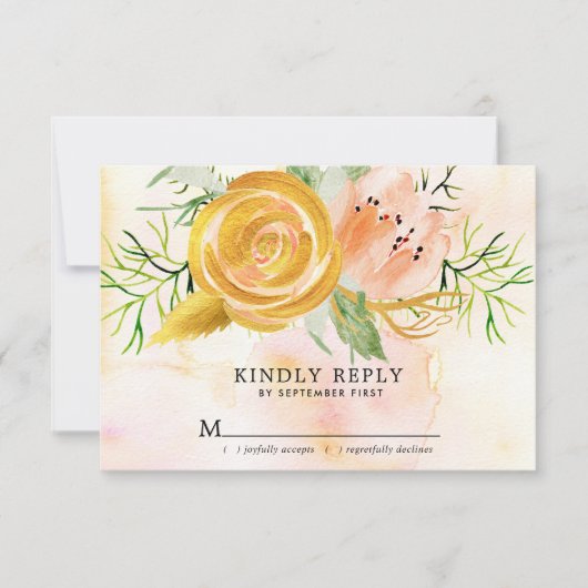 Gold Roos Blush Pink Peony Floral Wedding RSVP Kaartje (Voorkant)