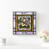 Gold Roos Glas in lood Art Deco Vierkante Klok (Huis)