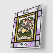 Gold Roos Glas in lood Art Deco Vierkante Klok (Hoek)