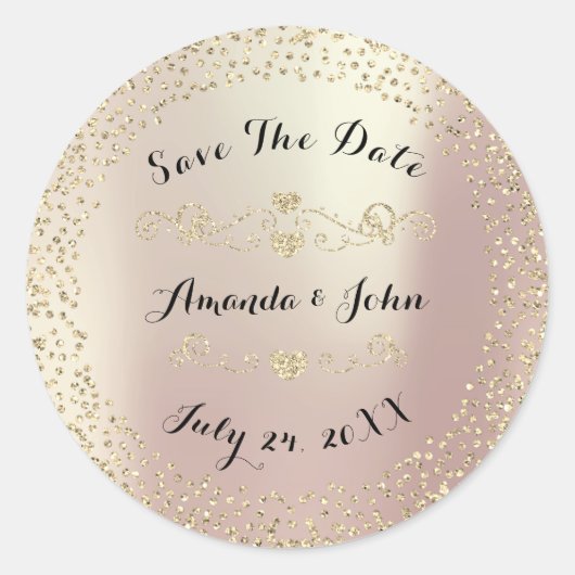 Gold Roos Glitter Save the Date Pink Blush Ronde Sticker (Voorkant)