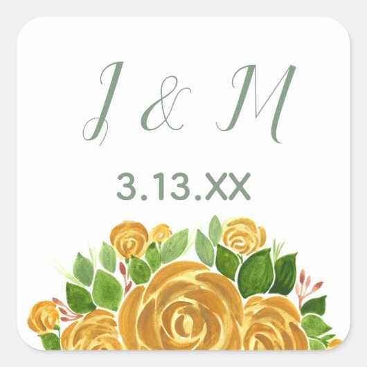 Gold Roos Initialen en datum Vierkante Sticker (Voorkant)