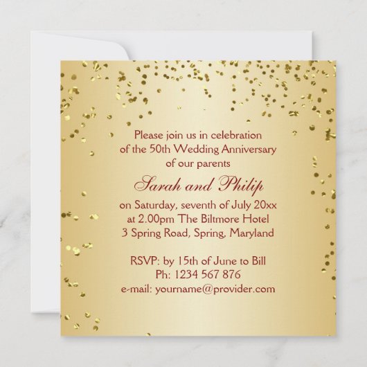 Gold roos op rood, confetti 50e Jubileum Kaart (Achterkant)