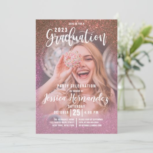 Gold Roos Roze Triple Glitter Photo Afstuderen Kaart (Staand voorkant)