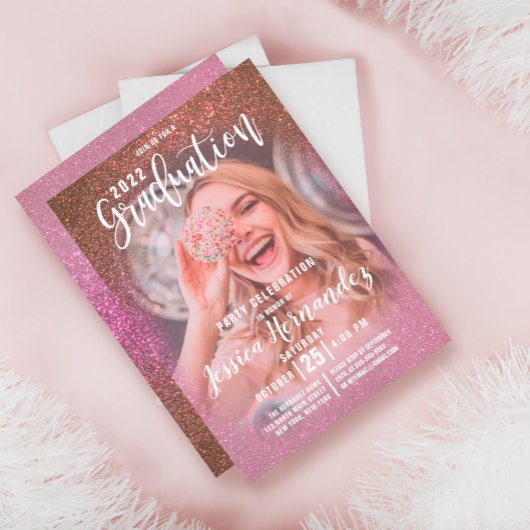 Gold Roos Roze Triple Glitter Photo Afstuderen Kaart