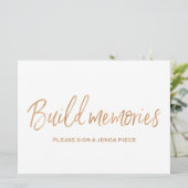 Gold Roos Wedding "Build geheugens" Jenga Sign Kaart (Staand voorkant)
