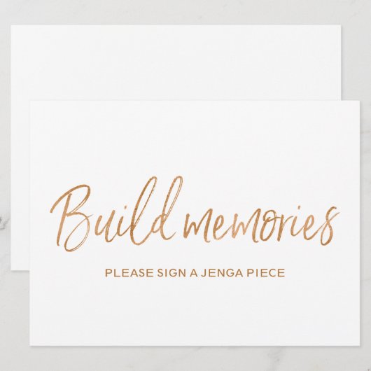 Gold Roos Wedding "Build geheugens" Jenga Sign Kaart (Voorkant / Achterkant)