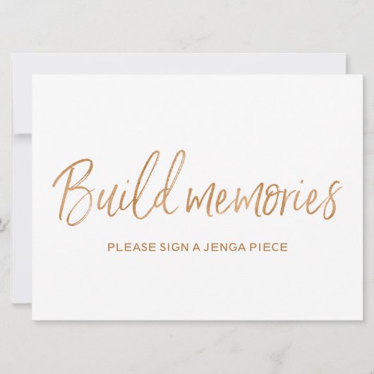 Gold Roos Wedding "Build geheugens" Jenga Sign Kaart (Voorkant)