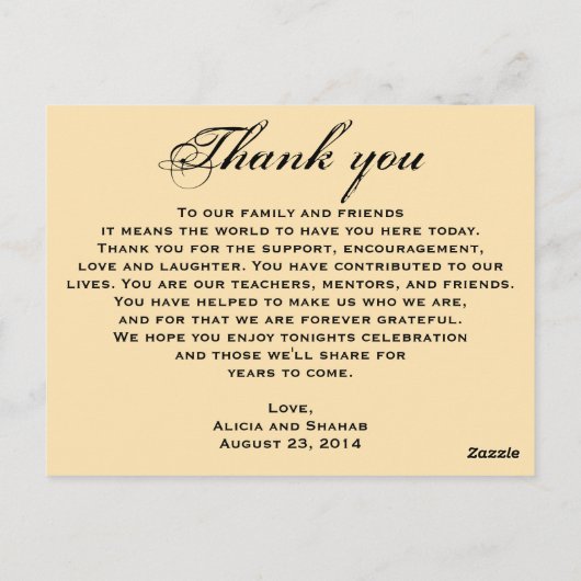 Gold Roos Wedding Dinner Menu Bedankt Opmerking (Achterkant)