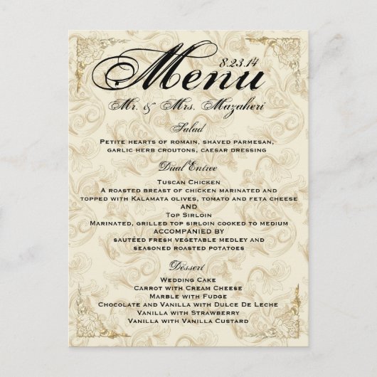 Gold Roos Wedding Dinner Menu Bedankt Opmerking (Voorkant)