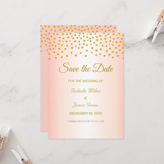 Gold Roos Wedding Save the Date Invitation Kaart (Voorkant / Achterkant in situ)