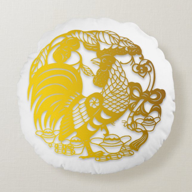 Gold Rooster Papercut Chinees jaar Zodiac Birth P Rond Kussen (Voorkant)
