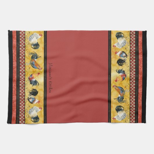 Gold Roosters Red & Tan Check Swirl Kitchen Theedoek (Horizontaal)