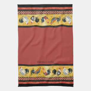 Gold Roosters Red & Tan Check Swirl Kitchen Theedoek