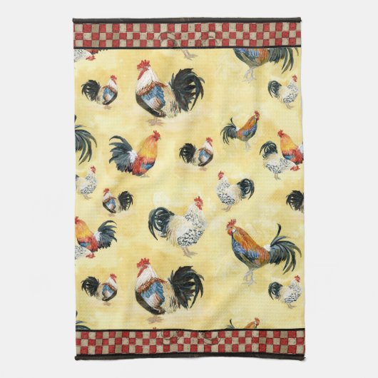 Gold Roosters Red & Tan Check Swirl Kitchen Theedoek (Verticaal)