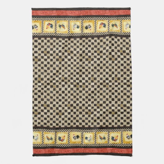 Gold Roosters Red & Tan Check Swirl Kitchen Theedoek (Verticaal)