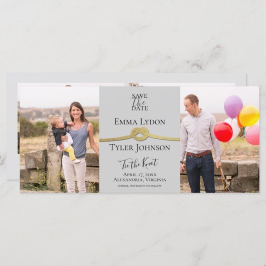 Gold Rope Knot Split Foto Grey Save the Date (Voorkant / Achterkant)