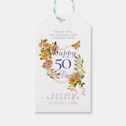 Gold Rose Ribbon 50th Birthday Cadeaulabel (Voorkant)
