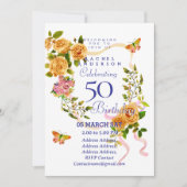 Gold Rose Ribbon 50th Birthday Invitation Kaart (Voorkant)