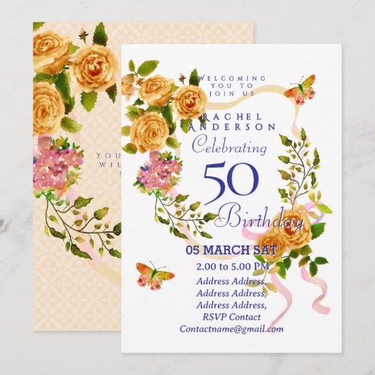 Gold Rose Ribbon 50th Birthday Invitation Kaart (Voorkant / Achterkant)