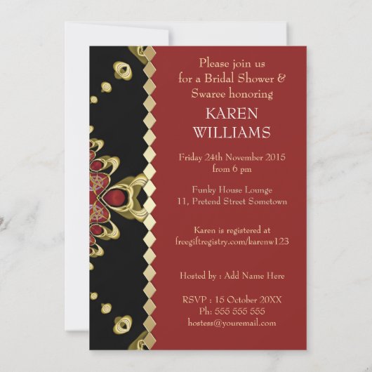 Gold Royal Black Red Bridal Shower-uitnodigingen Kaart (Achterkant)