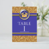 Gold & Royal Blue Crown Elegant Table Number Kaart (Staand voorkant)