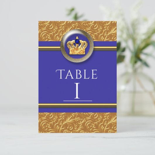 Gold & Royal Blue Crown Elegant Table Number Kaart (Staand voorkant)