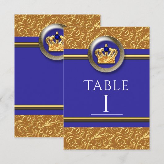 Gold & Royal Blue Crown Elegant Table Number Kaart (Voorkant / Achterkant)