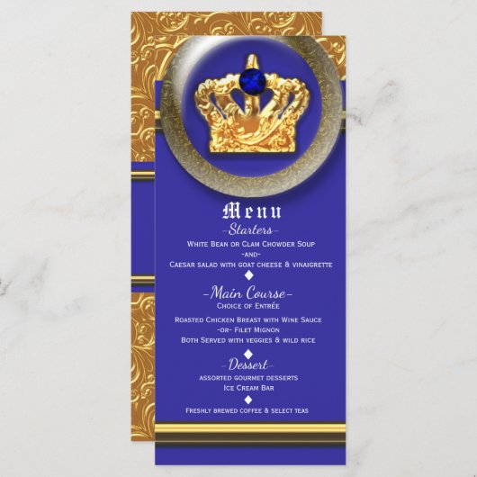 Gold & Royal Blue Crown verjaardagsfeestje Menu Ka (Voorkant / Achterkant)